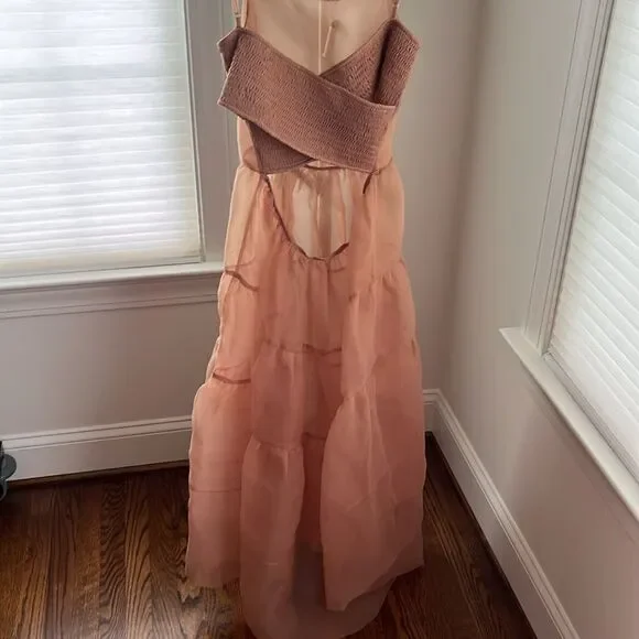Anthropologie X OhSevenDays Tiered Sheer Midi Dress Size Large color blush - Picture 8 of 11
